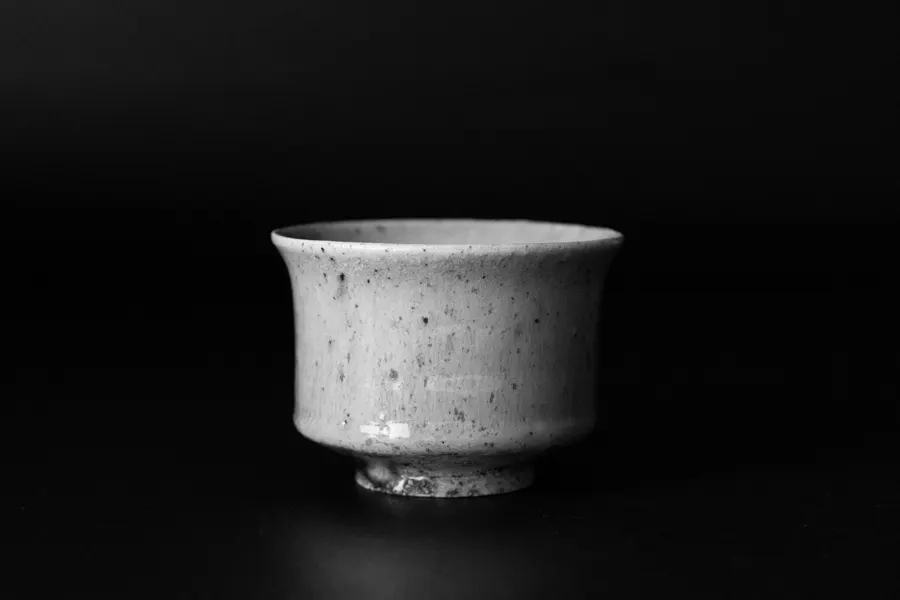 Copo de sake de cerâmica sobre fundo escuro.