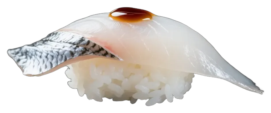 Nigiri de robalo com pele prateada, pincelado de soja.