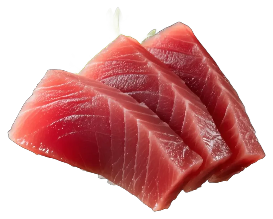 Três fatias de sashimi de atum com folha de shiso.