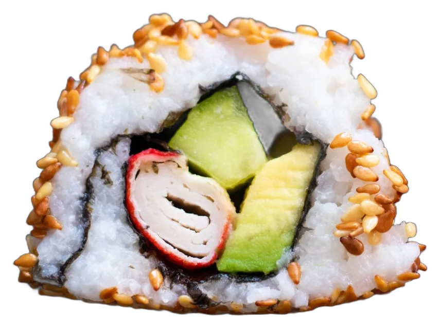 Uramaki com arroz e sésamo por fora, abacate e caranguejo por dentro.