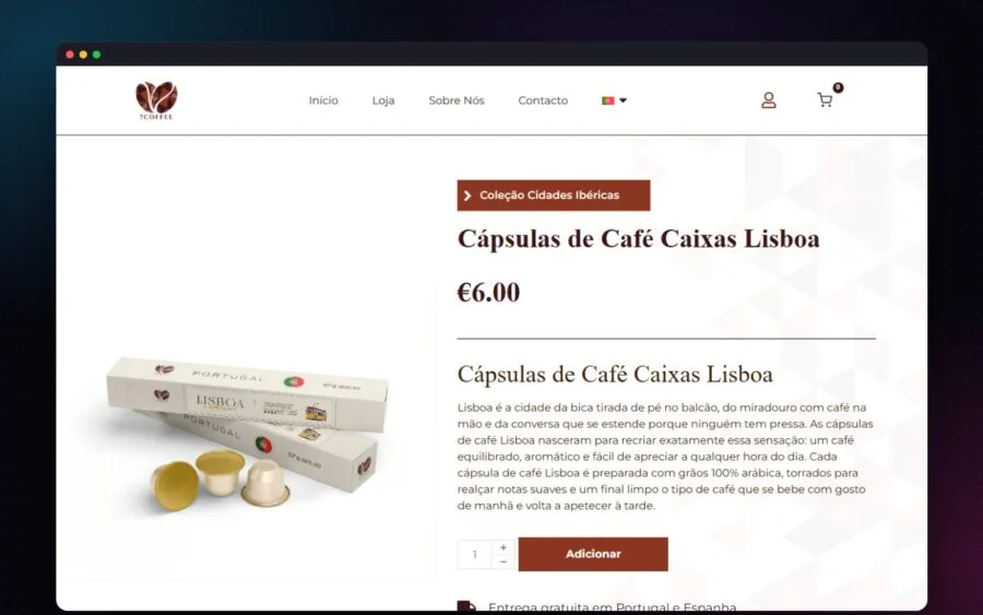 A página de produto das cápsulas Lisboa da SEVEN COFFEE