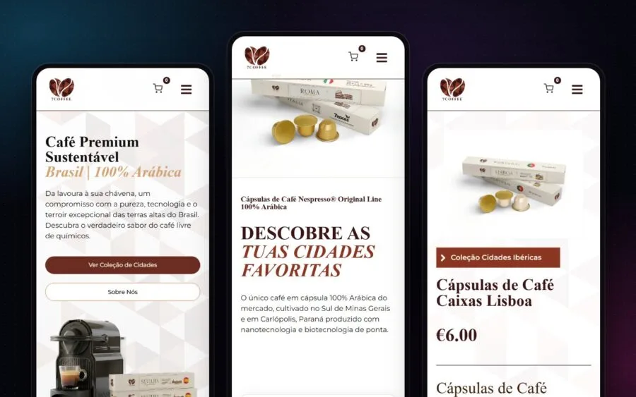 A loja da SEVEN COFFEE em três ecrãs de telemóvel: início, loja e produto
