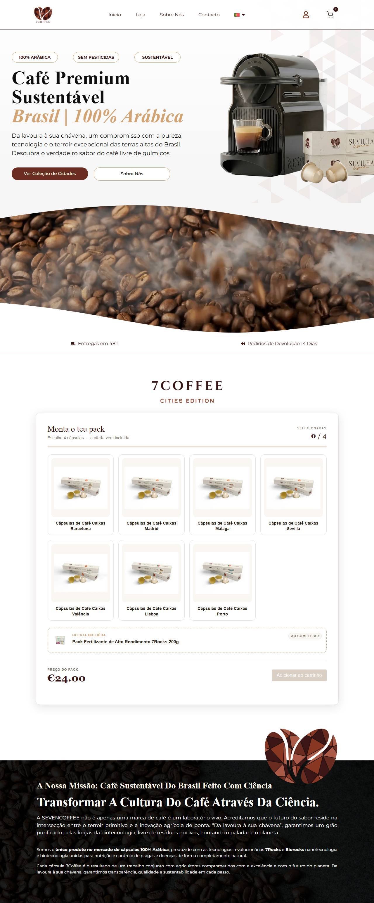 A página inicial do site de SEVEN COFFEE, de cima a baixo