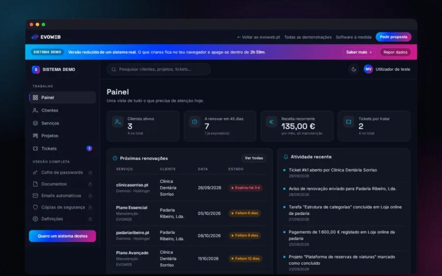 Demo do sistema de gestão, o painel com as renovações e a atividade recente