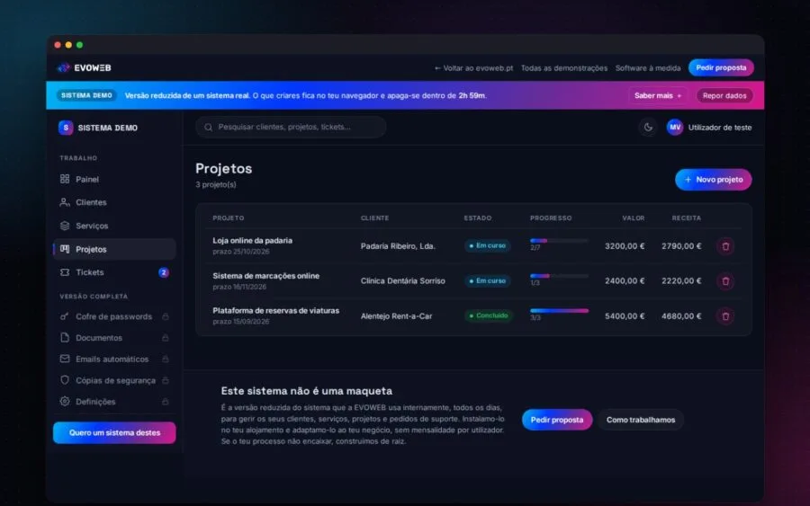Demo do sistema de gestão, os projetos com o progresso, o valor e o recebido