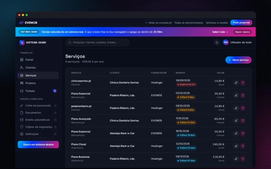Demo do sistema de gestão, os serviços dos clientes com as datas de renovação