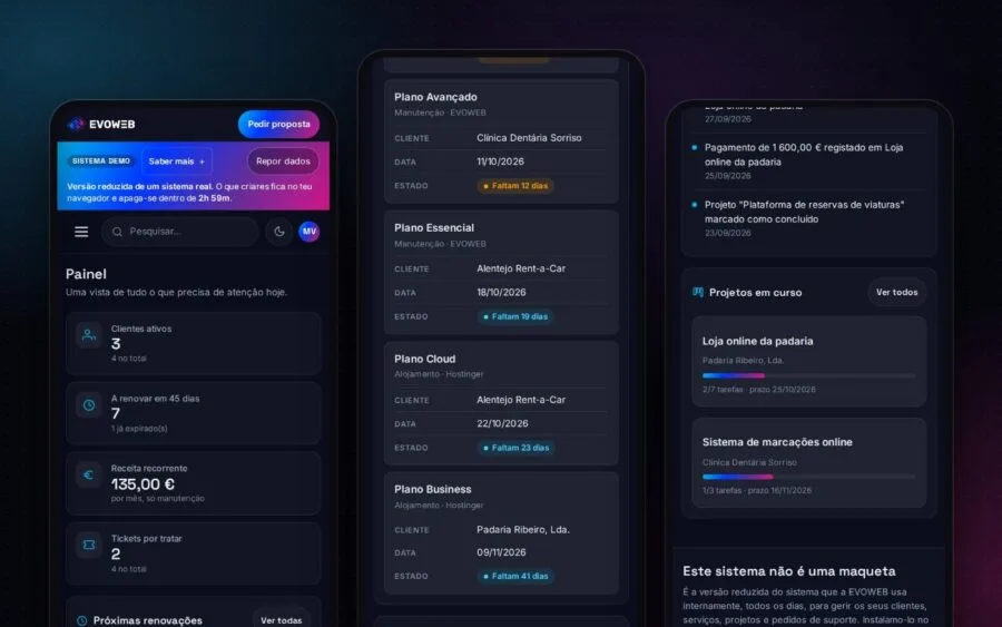 Três ecrãs da demo do sistema de gestão no telemóvel