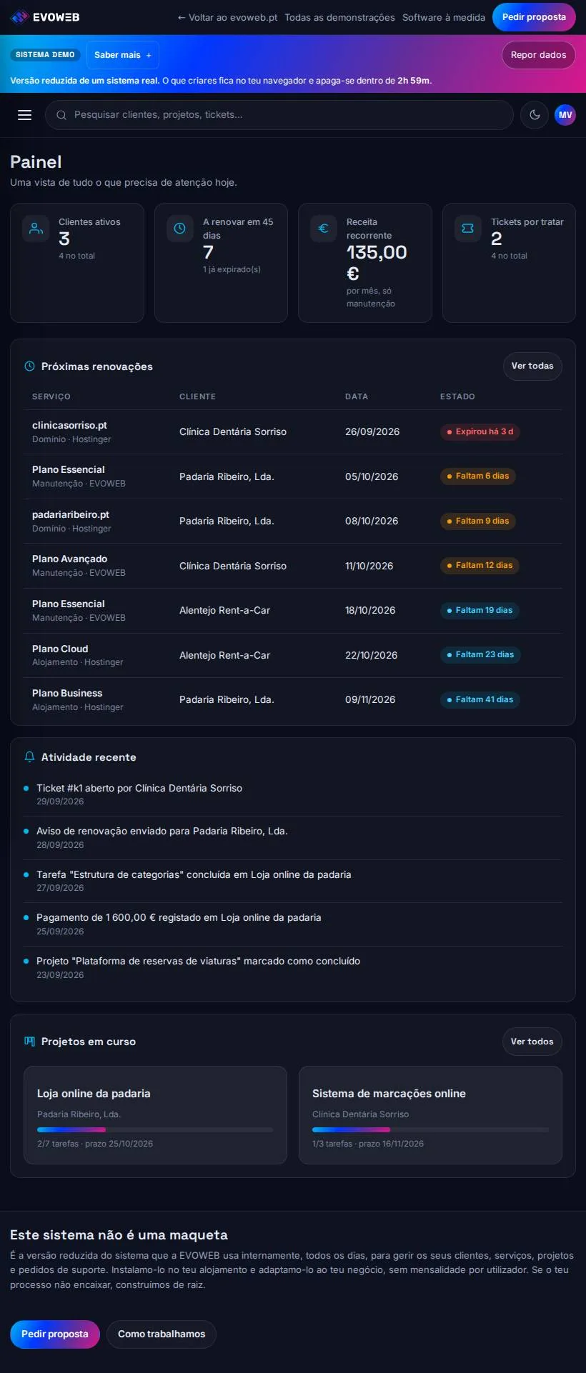 Sistema de Gestão de Clientes e Projetos no tablet