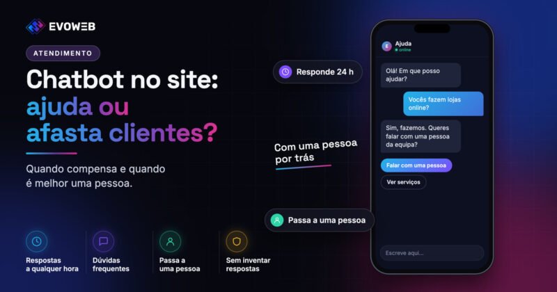 Telemóvel com uma conversa de chatbot num site, e quatro vantagens de um chatbot que responde a clientes.