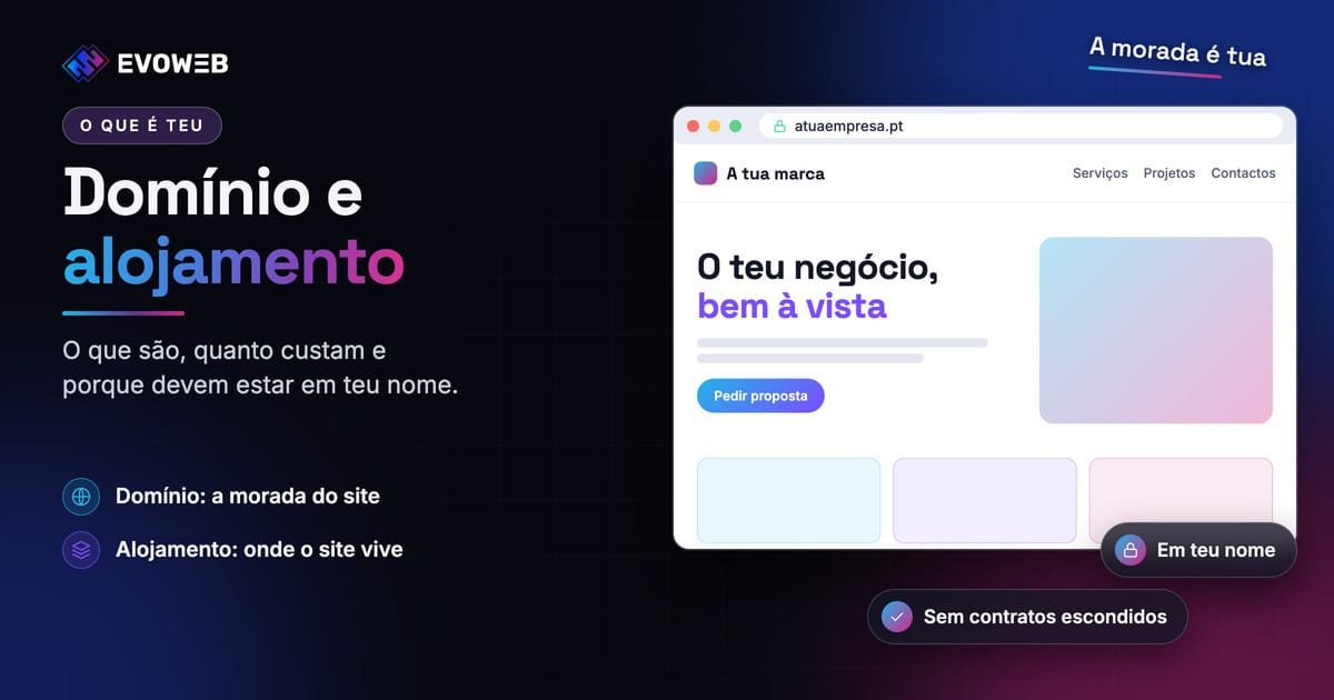 Janela de browser com a morada de um site, e as palavras domínio e alojamento: a morada e onde o site vive.