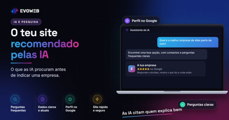 Portátil com a pesquisa de uma IA a recomendar uma empresa, e quatro vantagens de preparar o site para as IA.